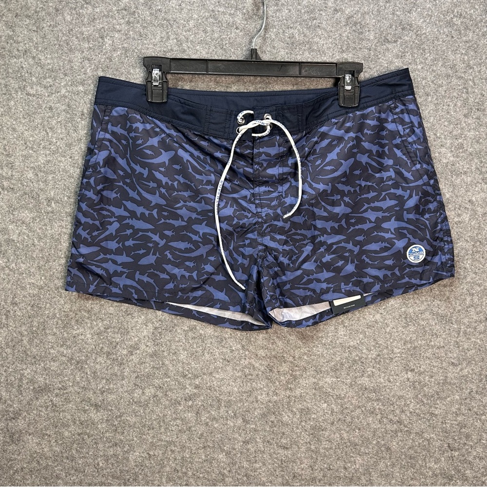 North Sails Men’s US Small Graphic Blue Shark Print Swim Shorts Logo Drawstring